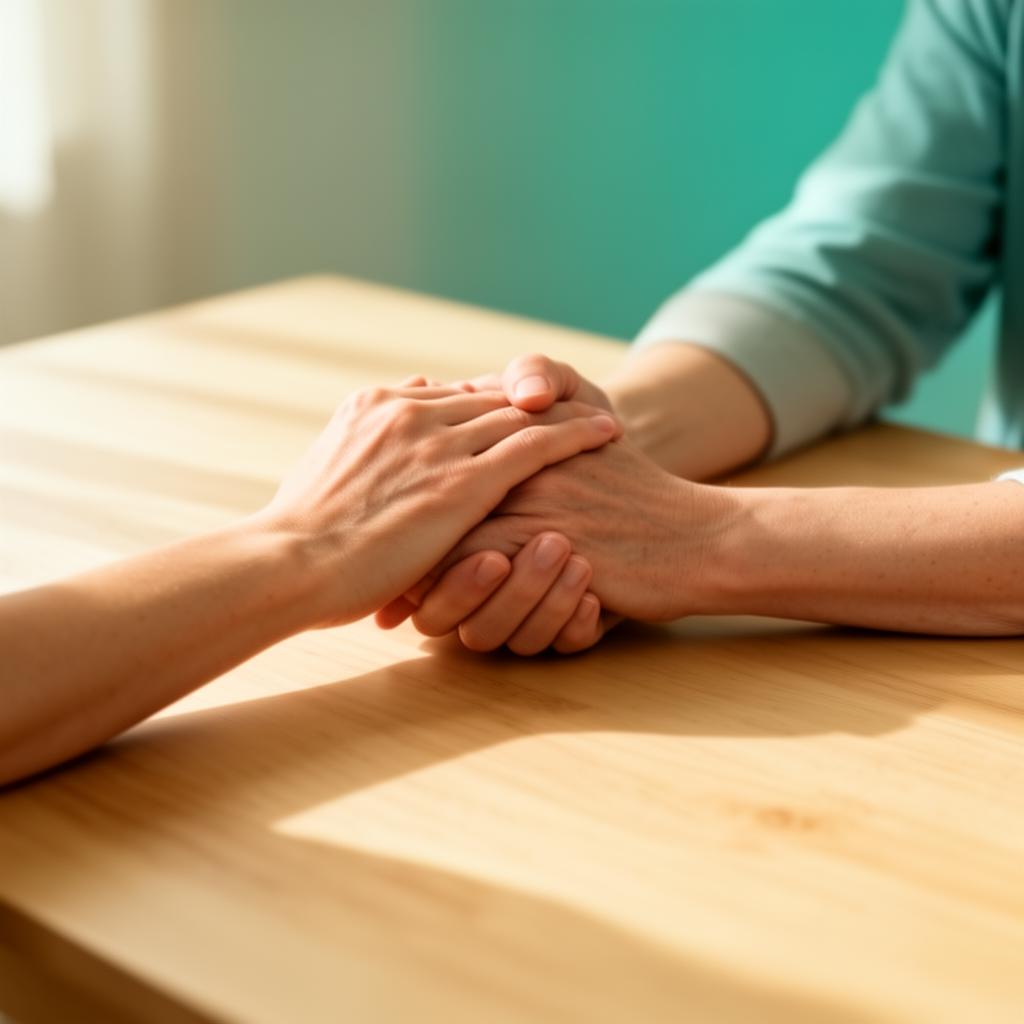 Two hands gently holding each other across a sunlit table